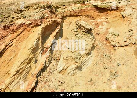 Land structure in open pit mining. Ground background in quarry. Rock texture during earthworks. Sand background and Earth's crust. Stock Photo