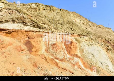 Land structure in open pit mining. Ground background in quarry. Rock texture during earthworks. Sand background and Earth's crust. Stock Photo