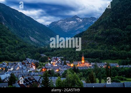 Landscape of Arties village Viella, Val d'Aran, Aran Valley in Aran Valley in Pyrenees Lleida Catalonia Spain.   The town of Arties of 524 inhabitants Stock Photo