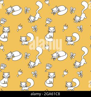 Cute cats seamless pattern with flowers vector illustration. Pets design for fabric, print, wrapping paper or print Stock Vector