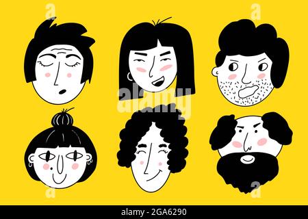Heads of boys and girls. Various haircuts. Young men Stock Vector
