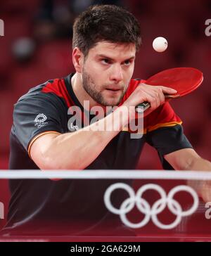 Tokio, Japan. 29th July, 2021. Table Tennis: Olympics, Preliminary Match, Singles, Men, Semifinals, Ovtcharov (Germany) - Long (China) at Tokyo Metropolitan Gymnasium. Dimitrij Ovtcharov serves. Credit: Friso Gentsch/dpa/Alamy Live News Stock Photo