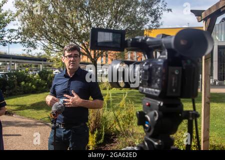 Salford, UK. 28th July, 2021. Andy Burnham, mayor of Greater Manchester speaks to the press during his visit to Salford Royal Hospital for the first time since the start of the pandemic to check how hospital is coping. Credit: SOPA Images Limited/Alamy Live News Stock Photo