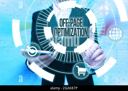 Conceptual display Off Page Optimization. Business concept set of techniques to increase your website s is ranking Lady In Uniform Holding Phone Stock Photo