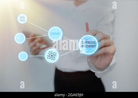 Sign displaying Continuous Improvement. Business approach making small consistent improvements over time Lady In Uniform Standing Holding Tablet Stock Photo