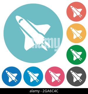 Space shuttle with propulsion flat white icons on round color backgrounds Stock Vector