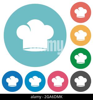 Chef hat solid flat white icons on round color backgrounds Stock Vector