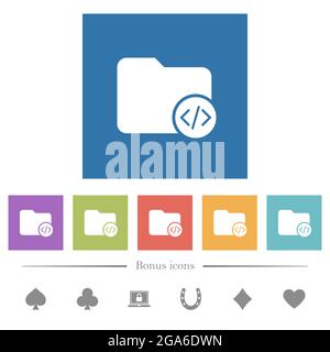 Source code directory flat white icons in square backgrounds. 6 bonus icons included. Stock Vector