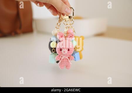 Handmade keychain in shape rabbit Stock Photo