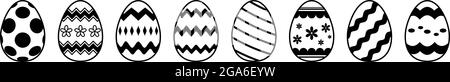 Easter Egg vector set on white isolated background. Eight simple Happy Easter eggs in Black and White. Stock Vector