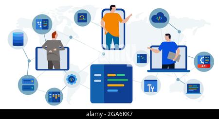 team of developer programmer coding working online globally agile connected software line of code on screen Stock Vector