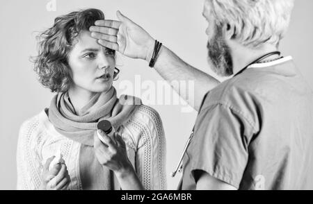 Effective medicines. Girl viral disease. Medical check up. Doctor and patient at hospital. Instruction taking medicines. Doctor prescribing treatment Stock Photo