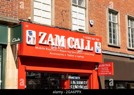 Zam Call shop sign in Norwich city centre. Stock Photo