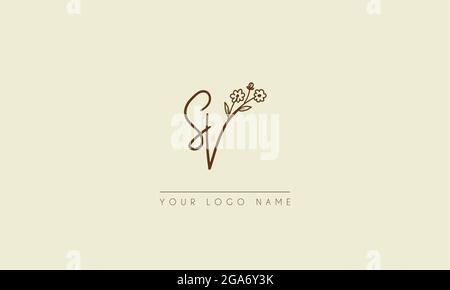 Initial letter SV Or  VS Signature handwritten wedding botanical floral icon logo vector  design  illustration Stock Vector