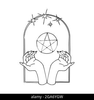 Vintage Mystic hands and 5 rays star inside arch Stock Vector