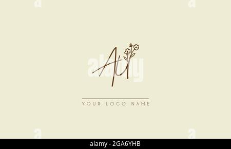 Initial letter AU Or UA  Signature handwritten wedding botanical floral icon logo vector  design  illustration Stock Vector