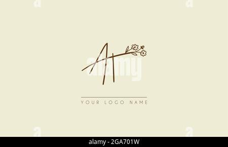 Initial letter AT Or TA Signature handwritten wedding botanical floral icon logo vector  design  illustration Stock Vector