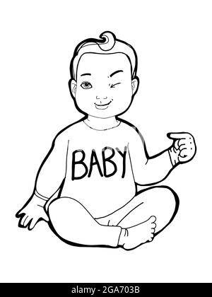 Cute ,cartoon ,black y boy baby  sitting ,hi five,illustration,line drawing Stock Photo