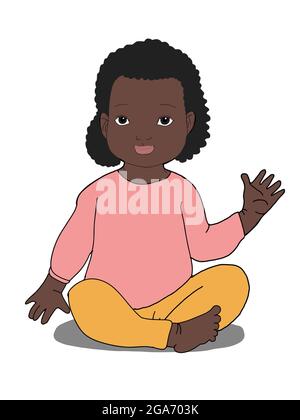Cute ,cartoon ,black curly girl baby  sitting ,hi five,illustration Stock Photo