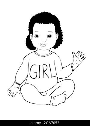 Cute ,cartoon ,black curly girl baby  sitting ,hi five,illustration  girl text clothes black white colors Stock Photo