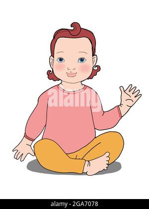 Cute ,cartoon ,black curly girl baby  sitting ,hi five,illustration  girl text clothes Stock Photo