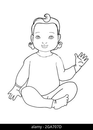 Cute ,cartoon ,black curly girl baby  sitting ,hi five,illustration  girl text clothes,line drawing Stock Photo