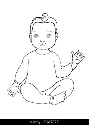 Cute ,cartoon ,black curly boy baby  sitting ,hi five,illustration,line drawing Stock Photo