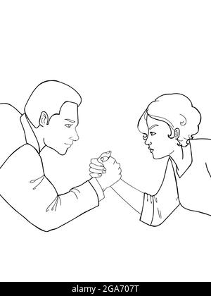 Arm Wrestling, man, woman illustration line drawing Stock Photo