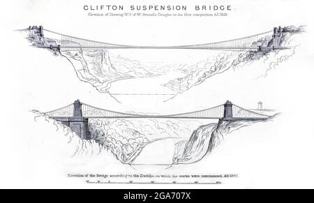 Clifton Suspension Bridge (Opened 1864) from the book The life of Isambard Kingdom Brunel, civil engineer. By Isambard Brunel Published in London by Longmans, Green in 1870. Isambard Kingdom Brunel FRS MInstCE (9 April 1806 – 15 September 1859) was an English civil engineer who is considered 'one of the most ingenious and prolific figures in engineering history,' 'one of the 19th-century engineering giants,'and 'one of the greatest figures of the Industrial Revolution, [who] changed the face of the English landscape with his groundbreaking designs and ingenious constructions.' Brunel built doc Stock Photo