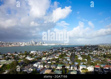 The urban skyline and surrounding neighborhoods of Auckland, New Zealand, as well as Auckland Harbor, are visible from Mount Victoria under a dramatic sky, October 11, 2017. (Photo by Smith Collection/Gado/Sipa USA) Stock Photo