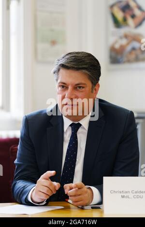 Vechta, Germany. 29th July, 2021. The legal policy spokesman for the CDU faction in the Lower Saxony state parliament, Christian Calderone, speaks at the correctional facility for women. The correctional department with a focus on trauma therapy has now been officially opened at the prison. Credit: Markus Hibbeler/dpa/Alamy Live News Stock Photo