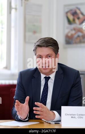 Vechta, Germany. 29th July, 2021. The legal policy spokesman for the CDU faction in the Lower Saxony state parliament, Christian Calderone, speaks at the correctional facility for women. The correctional department with a focus on trauma therapy has now been officially opened at the prison. Credit: Markus Hibbeler/dpa/Alamy Live News Stock Photo