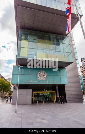 Manchester Civil Justice Centre, a modern governmental courts building in Spinningfields Manchester, north-west England, UK Stock Photo