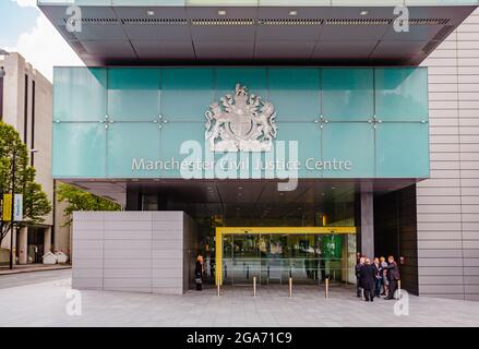 Manchester Civil Justice Centre, a modern governmental courts building in Spinningfields Manchester, north-west England, UK Stock Photo