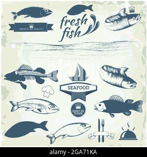 Seafood labels, fish packaging design, fishing logo elements Stock Vector
