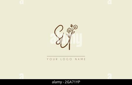 Initial letter SU Or US Signature handwritten wedding botanical floral icon logo vector  design  illustration Stock Vector