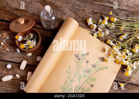 Old book with dry flowers in mortar on table close up