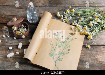 Old book with dry flowers in mortar on table close up