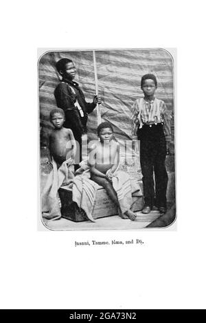 Bushmen Children From the book '  Specimens of Bushman folklore ' by Bleek, W. H. I. (Wilhelm Heinrich Immanuel), Lloyd, Lucy Catherine, Theal, George McCall, 1837-1919 Published in London by  G. Allen & Company, ltd. in 1911. The San peoples (also Saan), or Bushmen, are members of various Khoe, Tuu, or Kxʼa-speaking indigenous hunter-gatherer groups that are the first nations of Southern Africa, and whose territories span Botswana, Namibia, Angola, Zambia, Zimbabwe, Lesotho and South Africa. Stock Photo