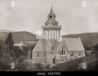 A late 19th century view of Crathie Kirk, a small Church of Scotland parish church in the Scottish village of Crathie, best known for being the regular place of worship of the British royal family when they are in residence at the nearby Balmoral Castle. Queen Victoria laid the foundation stone for a new, much larger, church in 1893. The church, built in the fashionable Gothic revival style by Elgin architect A. Marshall Mackenzie, was completed in 1895. Stock Photo