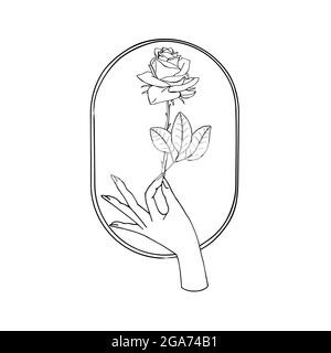 Vintage Mystic Hand holding rose flower drawing on oval shape. Stock Vector