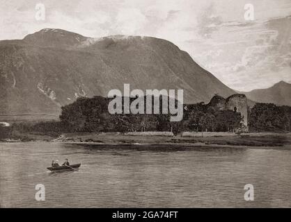 A late 19th century view of Inverlochy Castle, a ruined castle near Fort William, Highland, Scotland. With Ben Nevis towering behind, Inverlochy is now a ruin, but unusual because it has remained unaltered since it was built in the reign of King Alexander III. In 1431, clansmen of Alexander MacDonald, Lord of the Isles, defeated King James I's larger army in the first Battle of Inverlochy. In 1645, the castle served as a stopping-off point for the royalist army of James Graham, 1st Marquess of Montrose fighting the Covenanter forces of the Marquess of Argyll, culminating in a Royalist victory. Stock Photo