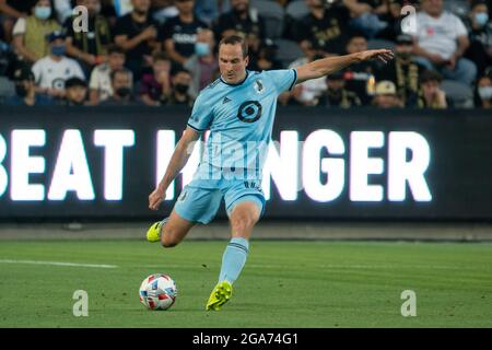 Minnesota United defender Brent Kallman (14) during a MLS match against the Los Angeles FC, Wednesday, July 28, 2021, in Los Angeles, CA. LAFC tied Mi Stock Photo
