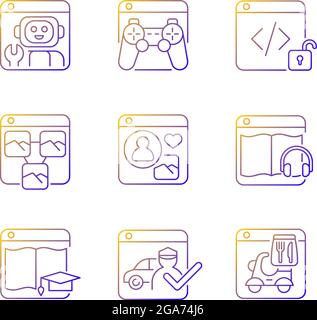 Public-facing internet applications gradient linear vector icons set Stock Vector