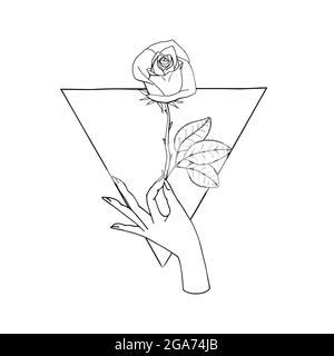 Vintage Mystic Hand holding rose flower drawing on triangle shape. Stock Vector