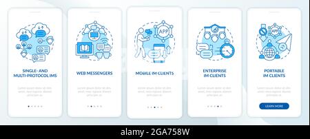 Instant messaging software types blue onboarding mobile app page screen Stock Vector
