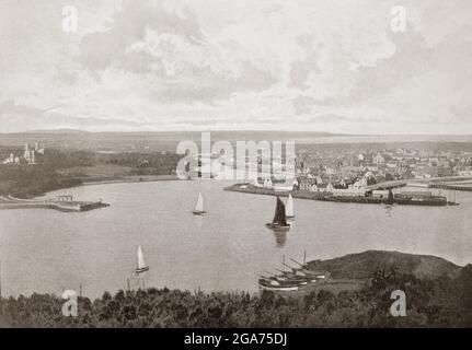 A late 19th century view of the harbour in Stornoway, the main town of the Western Isles and the capital of Lewis and Harris in the Outer Hebrides, Scotland. The sheltered harbour is the reason for the towns existence and was named by the visiting Vikings 'Steering Bay' which, when phonetically translated, became the name Stornoway. Stornoway is the main port on the Island, due to its sheltered location with the ferry to Ullapool a regular visitor. Stock Photo