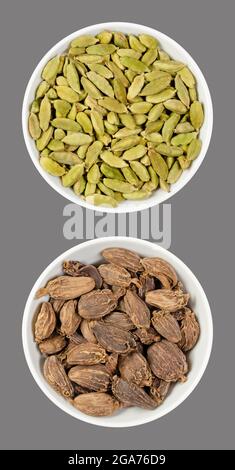 Green and black cardamom pods, in white bowls, on gray background. Processed fruits and seeds of Elettaria cardamomum and Amomum subulatum. Stock Photo
