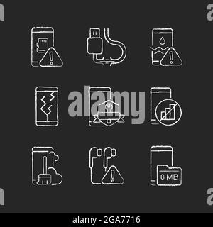 Mobile phone technical issues chalk white icons set on dark background Stock Vector