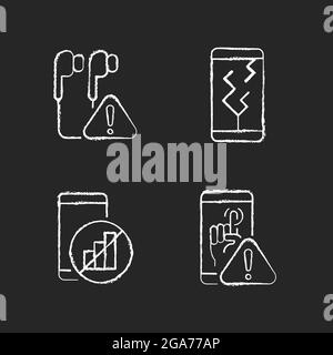 Smartphone breakdowns chalk white icons set on dark background Stock Vector